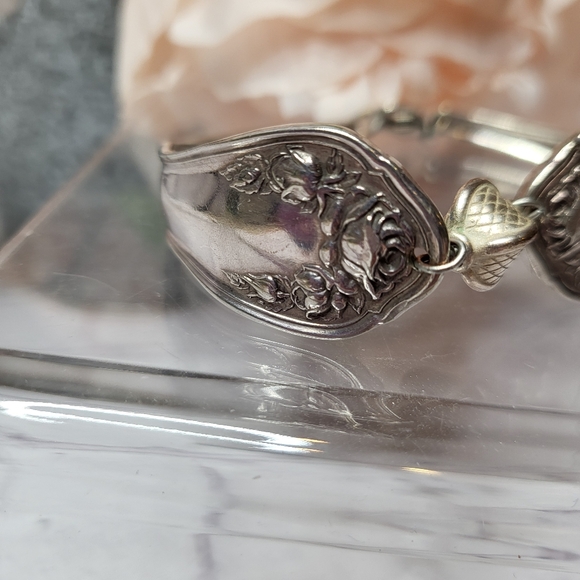 Vintage Silver Spoon Silverware Bracelet with Rose Floral Design - Picture 5 of 8